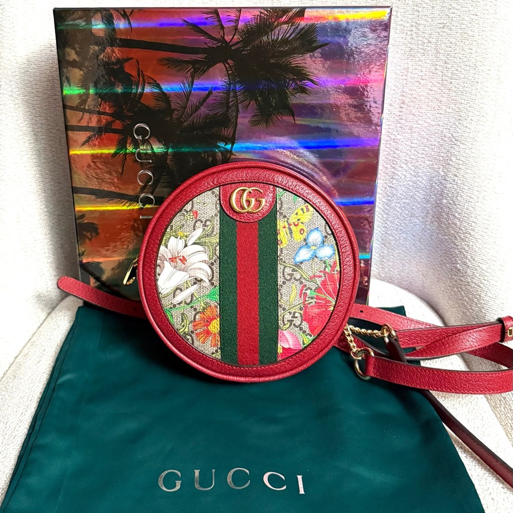 Authentic Gucci Ophidia Mini Round backpack red leather flora pattern canvas - Picture 1 of 16